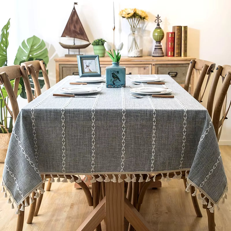 Cotton Linen Stripe Tassel Tablecloth Stain Resistant Dust-Proof Table Cover for Kitchen Dinning Tabletop Decoration Rectangular