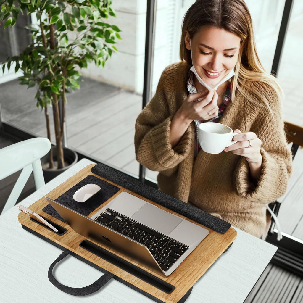 Portable Lap Desk for Laptop, Wood Lapdesk Bed Table with Handle Fits up to 15.6 Inches Tray Table with Soft Pillow, Mouse Pad, Wrist Pad & Ipad/Phone Slots, Laptop Stand 21.6 X 13.4In-Walnut