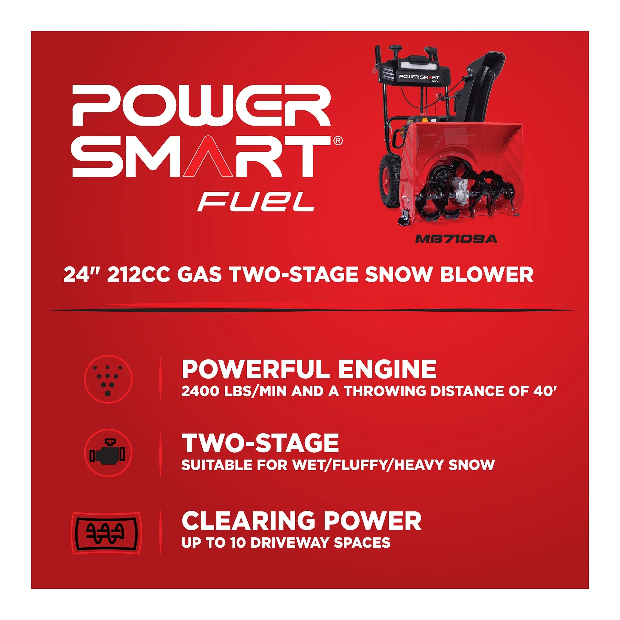 MB7109A 24 In. 212Cc 2-Stage Electric Start Gas Snow Blower W/Infinite Variable Speed