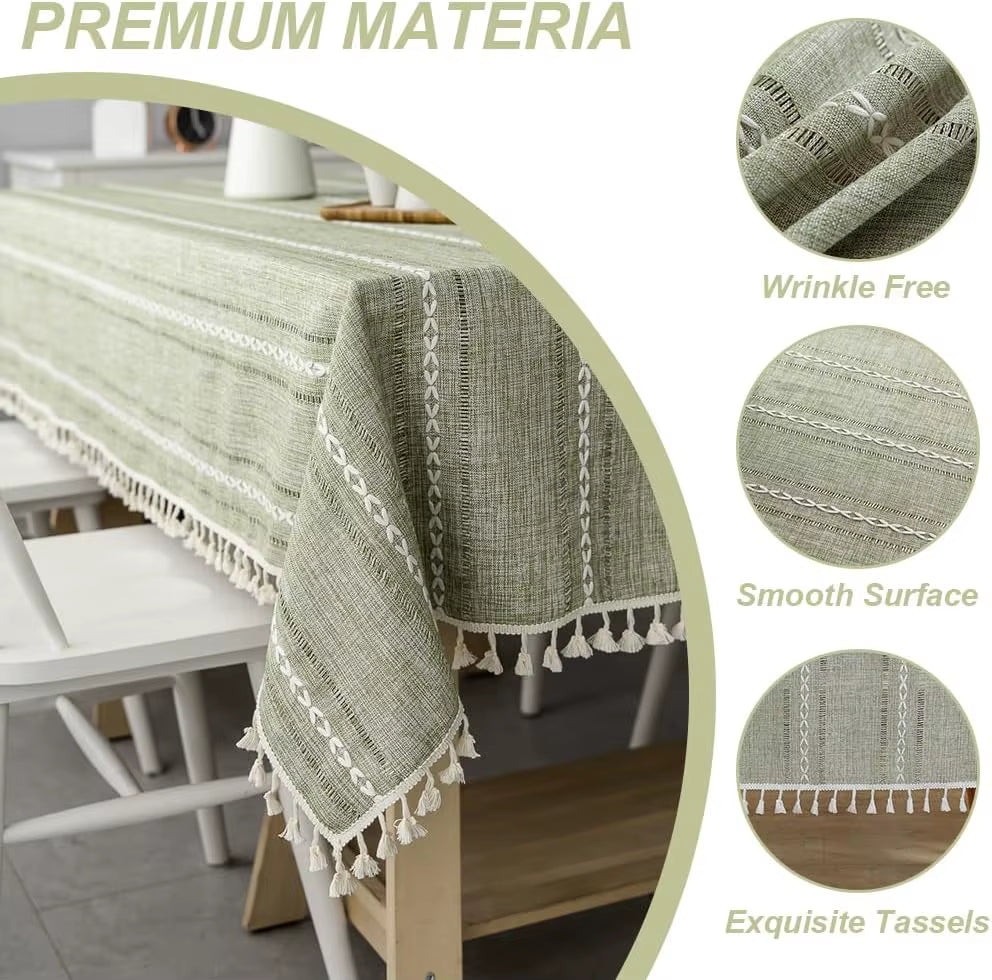 Cotton Linen Stripe Tassel Tablecloth Stain Resistant Dust-Proof Table Cover for Kitchen Dinning Tabletop Decoration Rectangular