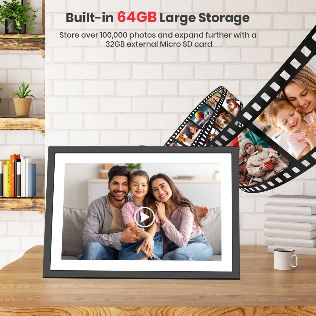 Frameo Wifi Digital Picture Frame, 10.1" Electronic Photo Frame with 1920X1200 FHD IPS Touchscreen, 64 GB Memory, Auto-Rotate, Send Photos and Videos from via Frameo App, Best Gift Choice!