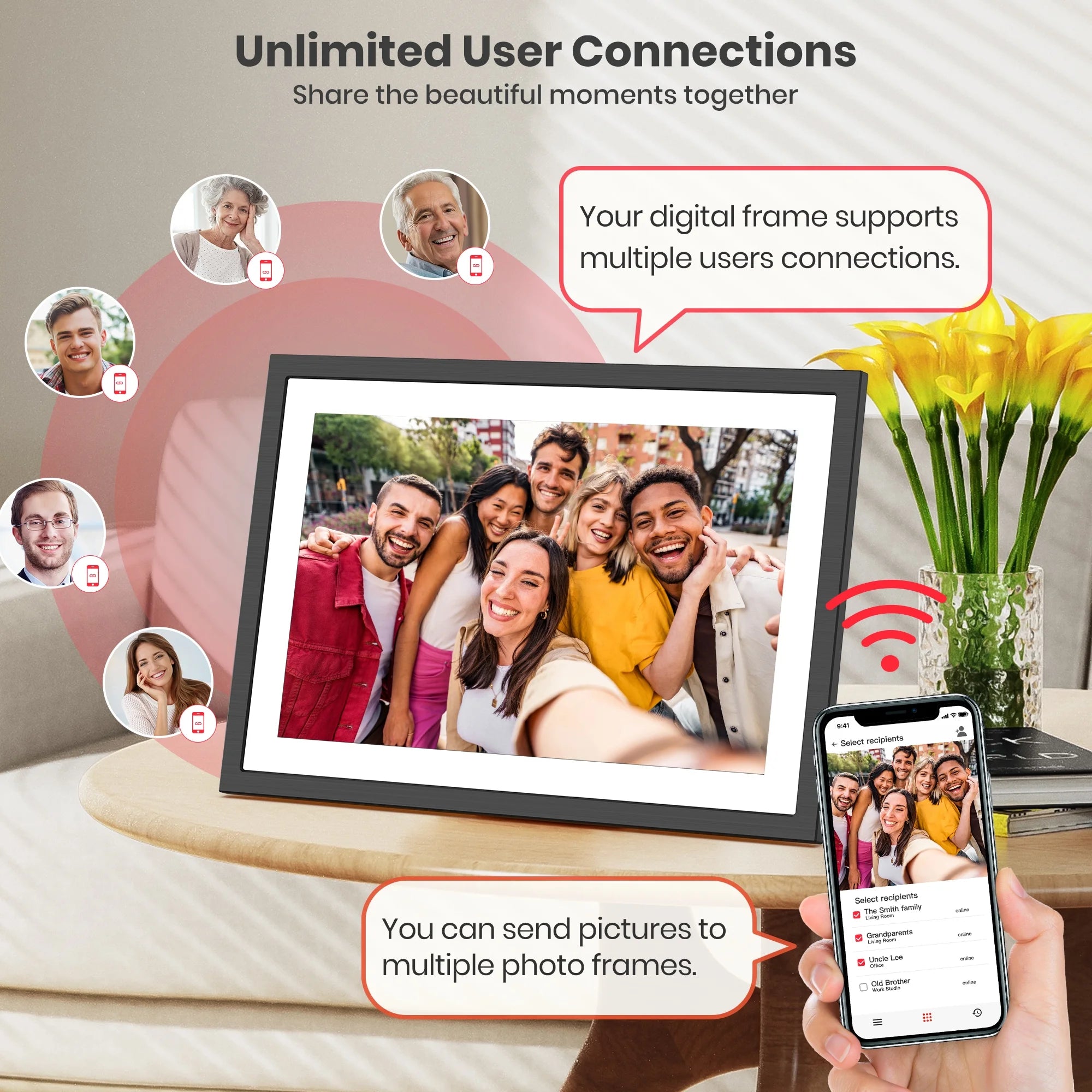 Frameo Wifi Digital Picture Frame, 10.1" Electronic Photo Frame with 1920X1200 FHD IPS Touchscreen, 64 GB Memory, Auto-Rotate, Send Photos and Videos from via Frameo App, Best Gift Choice!