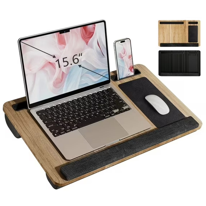 Portable Lap Desk for Laptop, Wood Lapdesk Bed Table with Handle Fits up to 15.6 Inches Tray Table with Soft Pillow, Mouse Pad, Wrist Pad & Ipad/Phone Slots, Laptop Stand 21.6 X 13.4In-Walnut