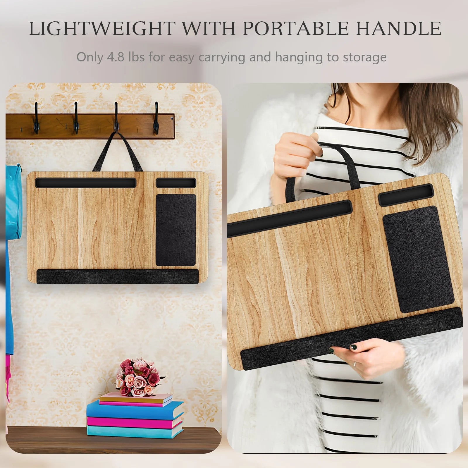 Portable Lap Desk for Laptop, Wood Lapdesk Bed Table with Handle Fits up to 15.6 Inches Tray Table with Soft Pillow, Mouse Pad, Wrist Pad & Ipad/Phone Slots, Laptop Stand 21.6 X 13.4In-Walnut