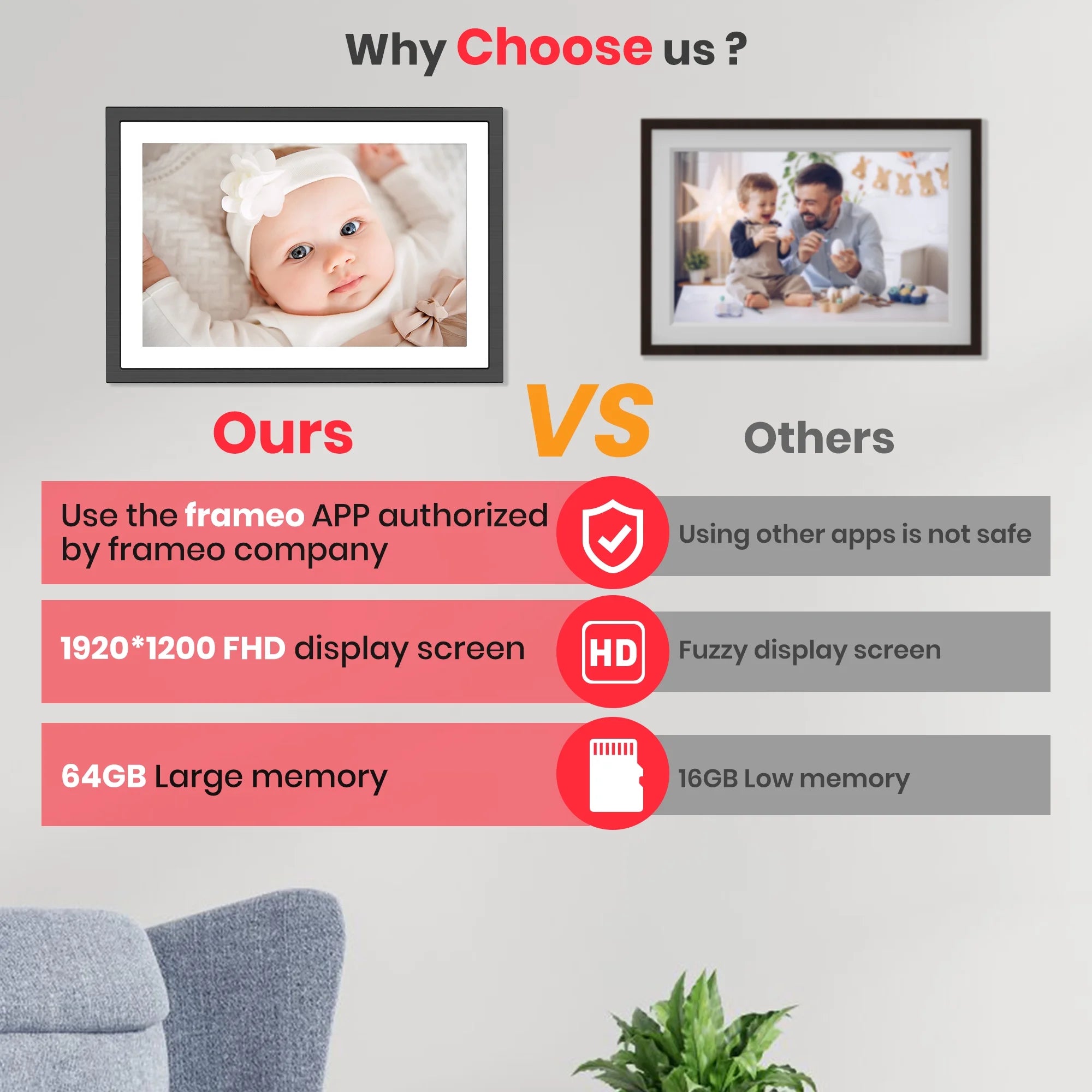 Frameo Wifi Digital Picture Frame, 10.1" Electronic Photo Frame with 1920X1200 FHD IPS Touchscreen, 64 GB Memory, Auto-Rotate, Send Photos and Videos from via Frameo App, Best Gift Choice!