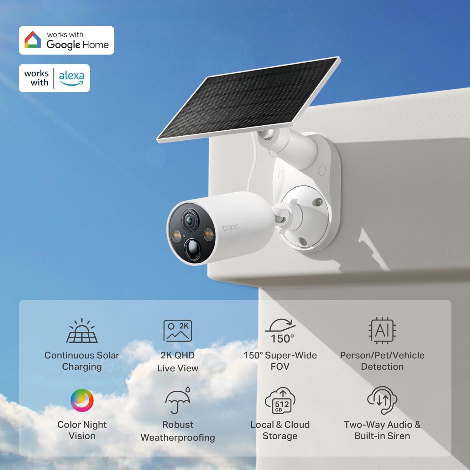 Tp-Link  Solarcam 2K, Outdoor Battery Camera W/Solar Panel Base, Wireless Camera, 2K QHD, 150° Super-Wide FOV, Free Person/Vehicle/Pet Detection, Sd/Cloud Storage, Starlight Color Night Vision