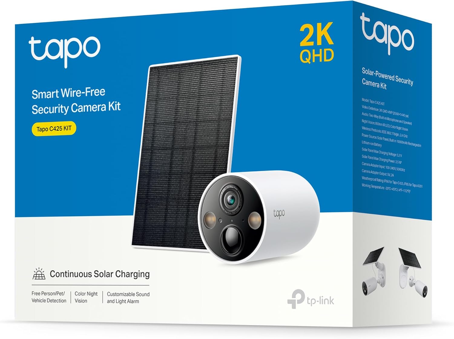 Tp-Link  Solarcam 2K, Outdoor Battery Camera W/Solar Panel Base, Wireless Camera, 2K QHD, 150° Super-Wide FOV, Free Person/Vehicle/Pet Detection, Sd/Cloud Storage, Starlight Color Night Vision
