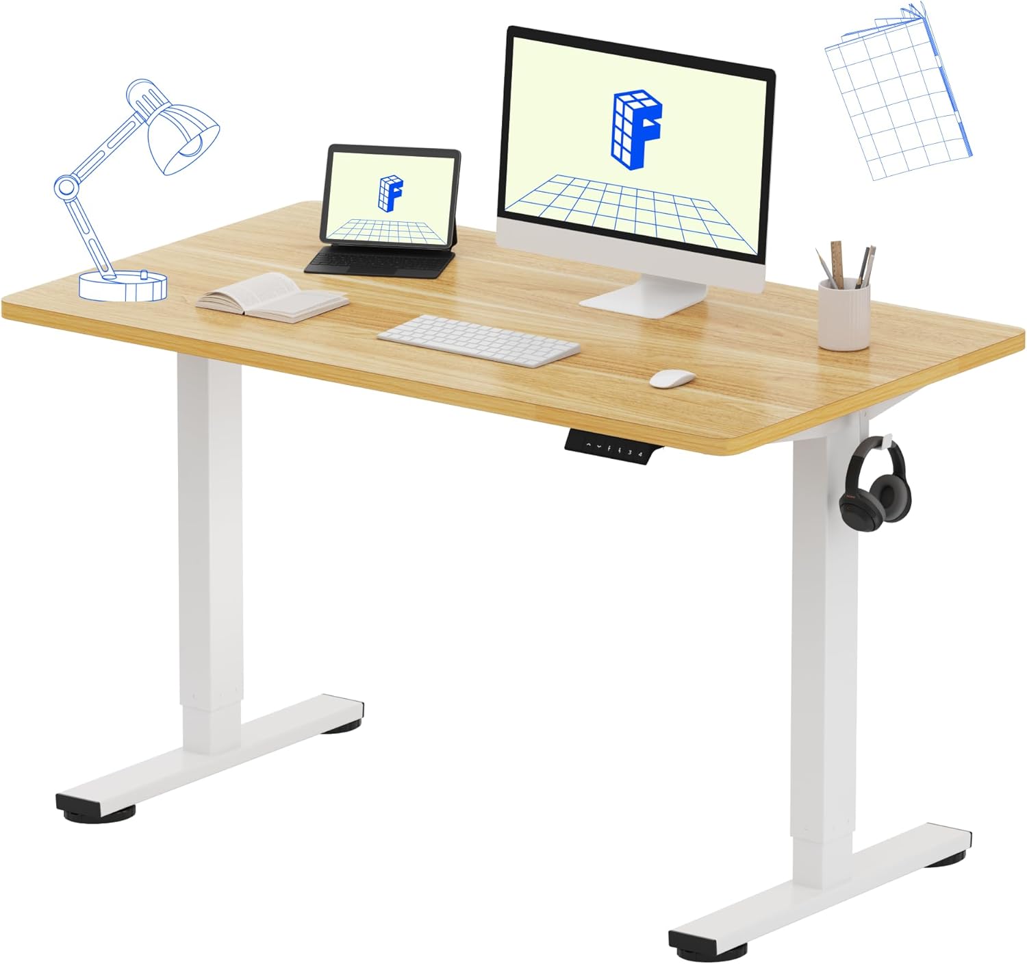 FlexiSpot EN1 Electric Standing Desk — 48”x24” Maple Desktop, White Frame (Height Adjustable)