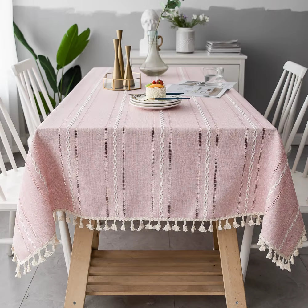 Cotton Linen Stripe Tassel Tablecloth Stain Resistant Dust-Proof Table Cover for Kitchen Dinning Tabletop Decoration Rectangular
