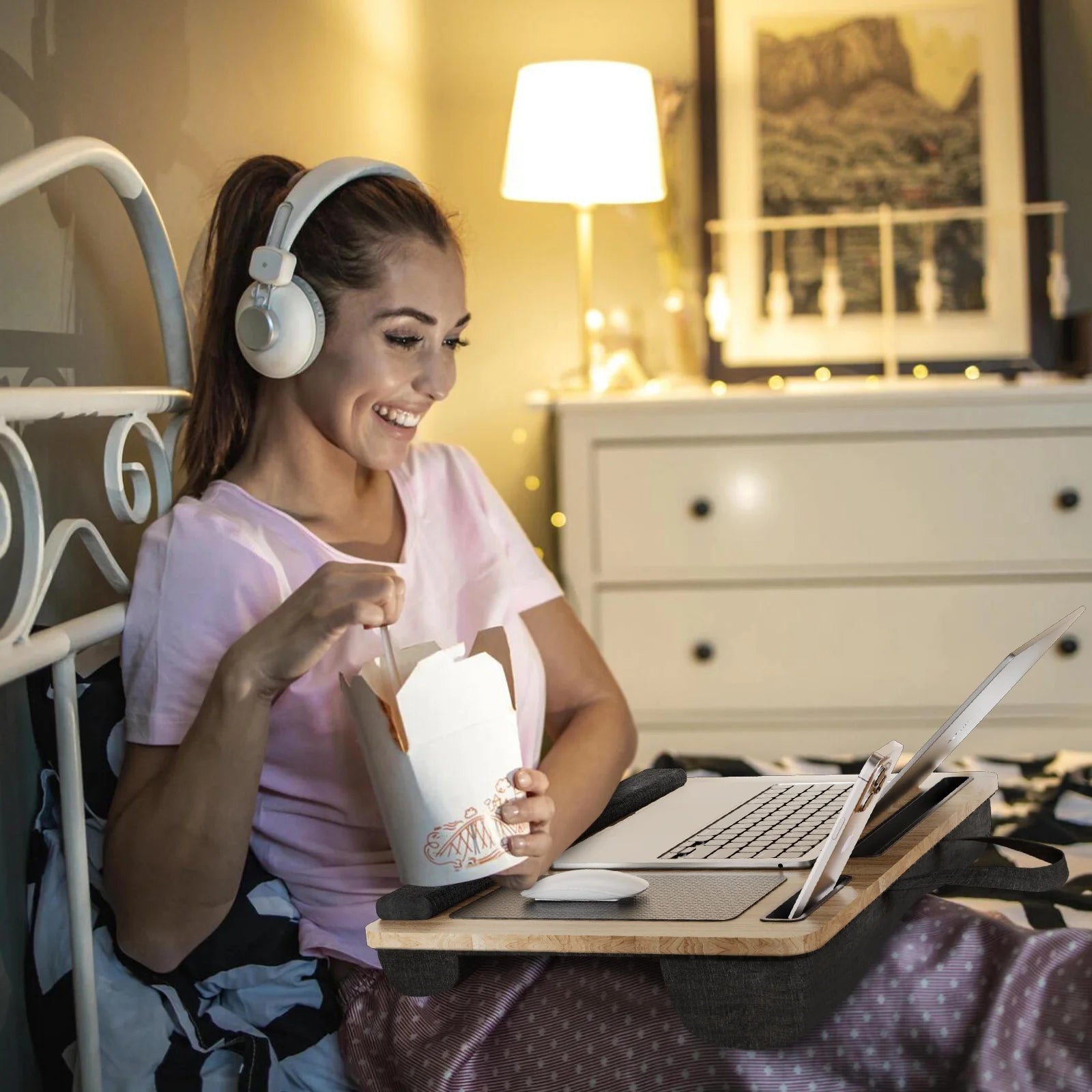 Portable Lap Desk for Laptop, Wood Lapdesk Bed Table with Handle Fits up to 15.6 Inches Tray Table with Soft Pillow, Mouse Pad, Wrist Pad & Ipad/Phone Slots, Laptop Stand 21.6 X 13.4In-Walnut