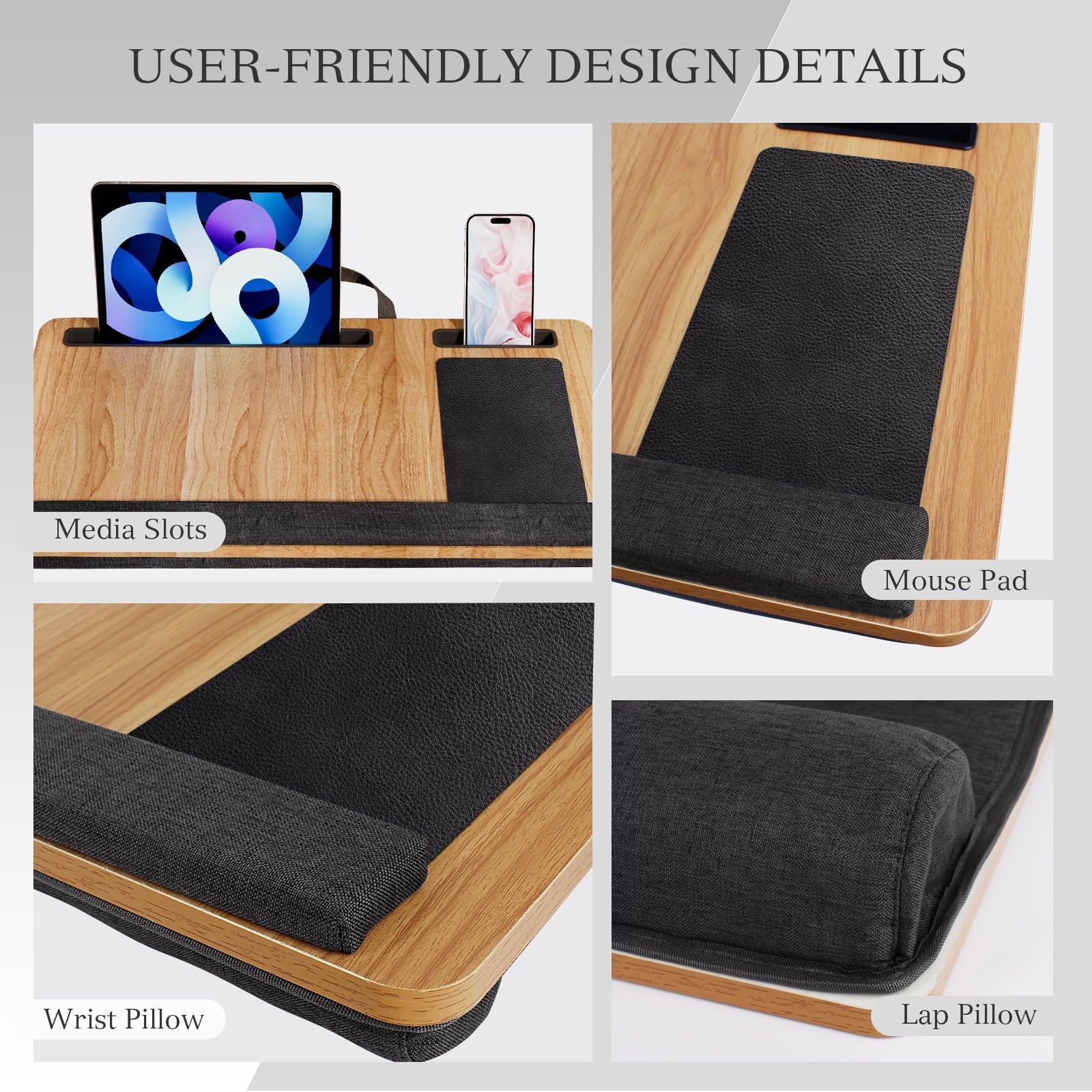 Portable Lap Desk for Laptop, Wood Lapdesk Bed Table with Handle Fits up to 15.6 Inches Tray Table with Soft Pillow, Mouse Pad, Wrist Pad & Ipad/Phone Slots, Laptop Stand 21.6 X 13.4In-Walnut