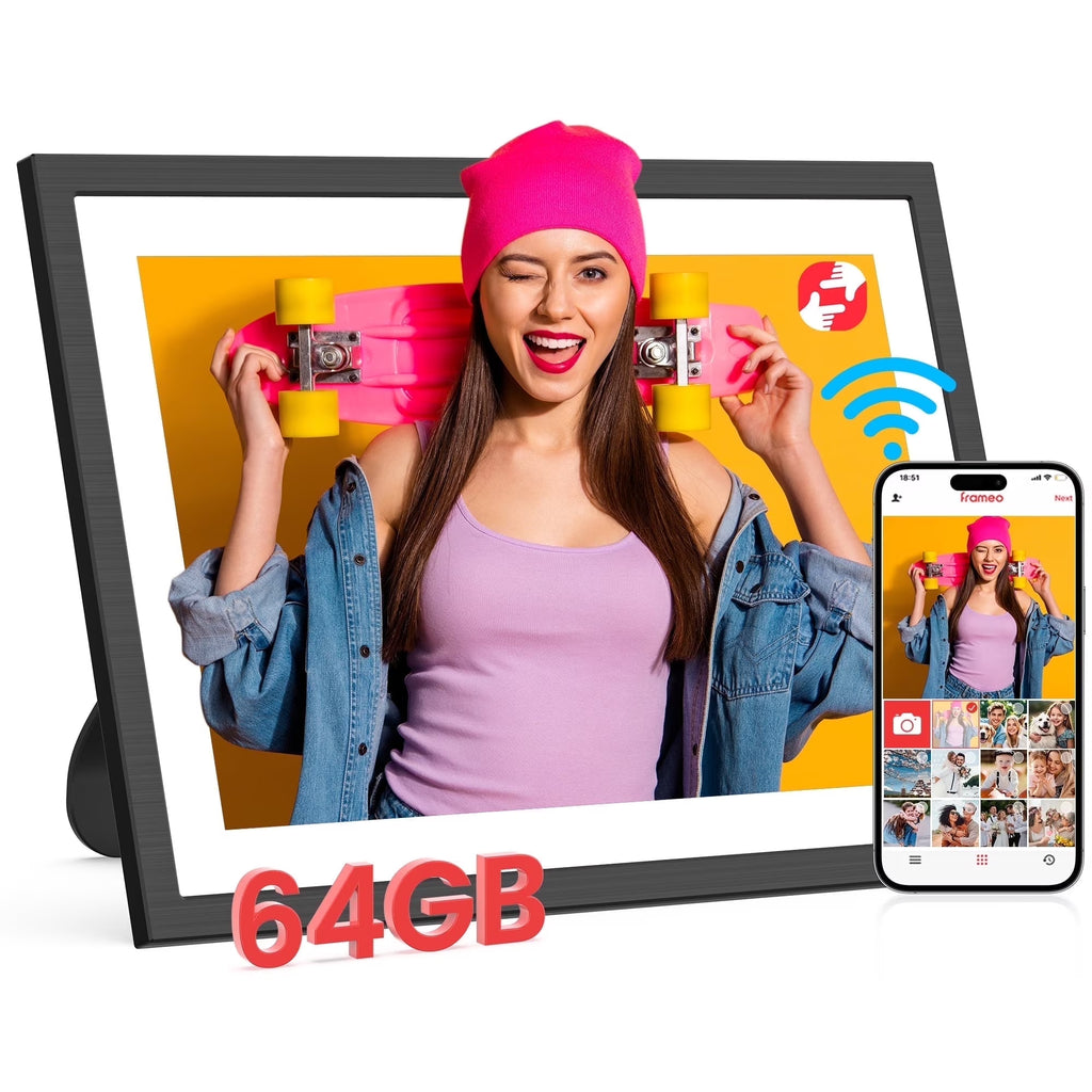 Frameo Wifi Digital Picture Frame, 10.1" Electronic Photo Frame with 1920X1200 FHD IPS Touchscreen, 64 GB Memory, Auto-Rotate, Send Photos and Videos from via Frameo App, Best Gift Choice!