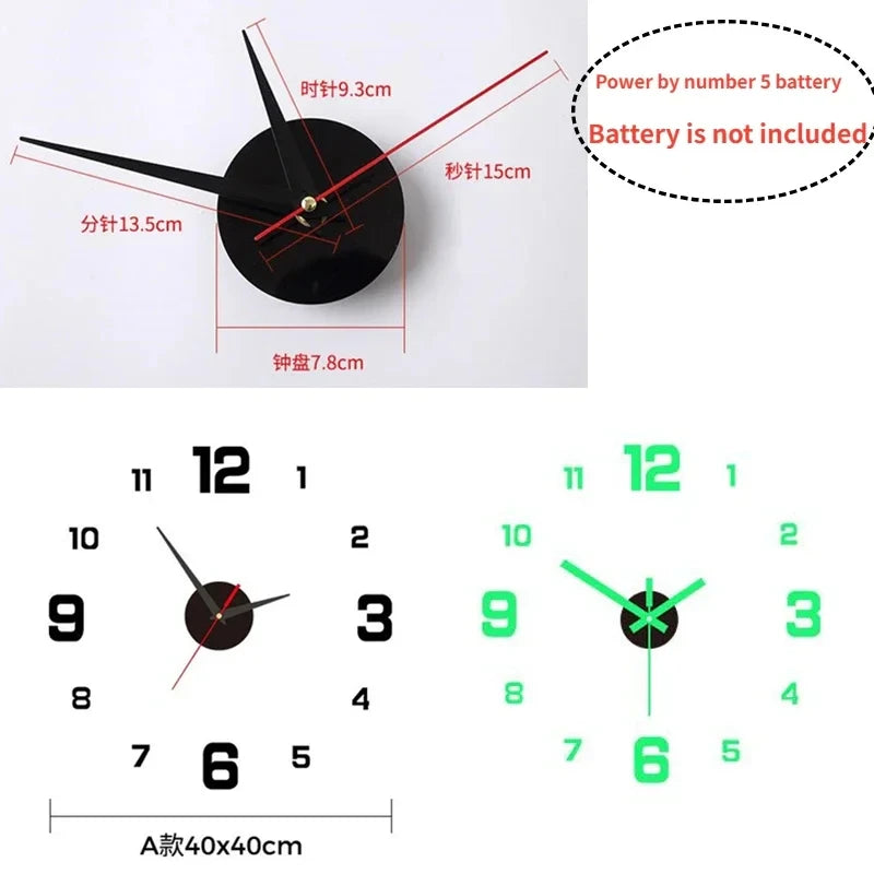 Luminous DIY Wall Clock (Silent, No‑Tick) — Glow‑in‑the‑Dark 3D Numbers, Modern Peel‑&‑Stick Decor