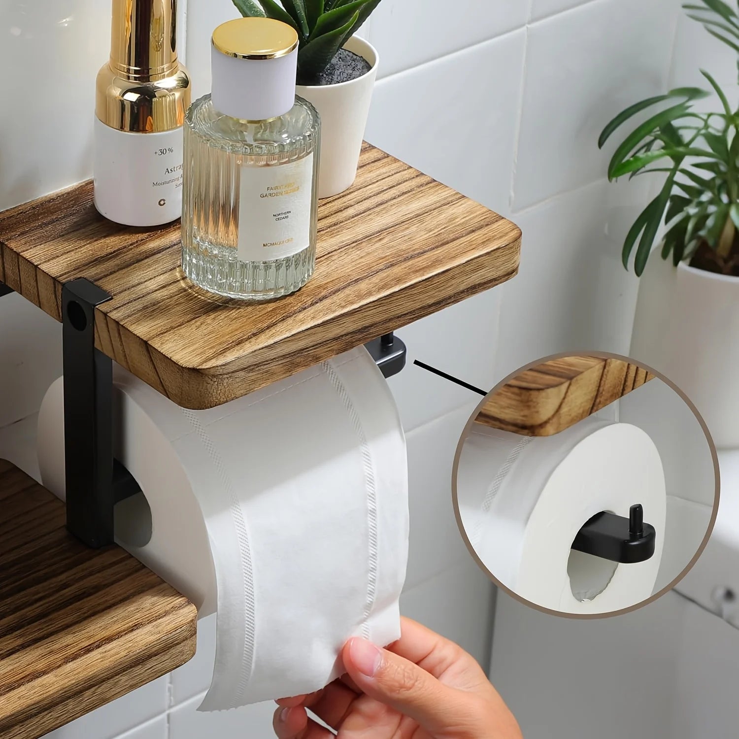 1Pc Wooden Wall Mounted Bathroom Wallpaper Rack Toilet Paper Roll Holder Black Hanging Tissue Roll Dispenser Kitchen Accessories