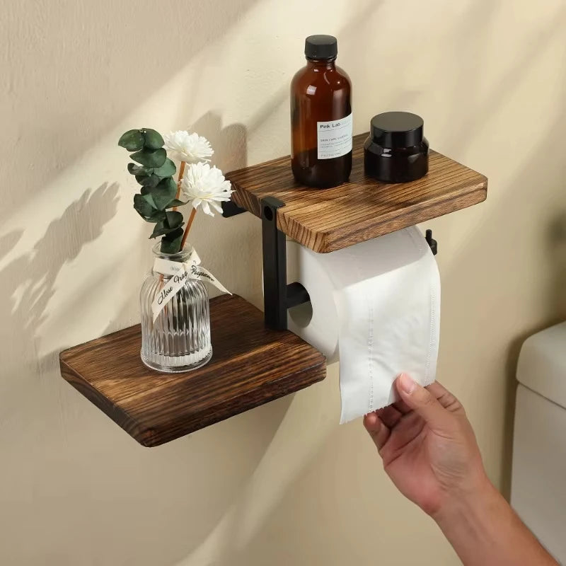 1Pc Wooden Wall Mounted Bathroom Wallpaper Rack Toilet Paper Roll Holder Black Hanging Tissue Roll Dispenser Kitchen Accessories
