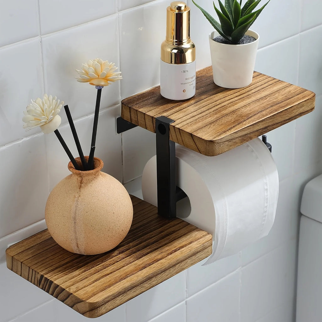 1Pc Wooden Wall Mounted Bathroom Wallpaper Rack Toilet Paper Roll Holder Black Hanging Tissue Roll Dispenser Kitchen Accessories