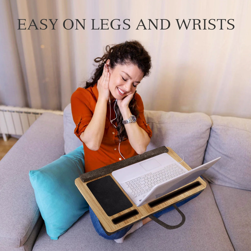 Portable Lap Desk for Laptop, Wood Lapdesk Bed Table with Handle Fits up to 15.6 Inches Tray Table with Soft Pillow, Mouse Pad, Wrist Pad & Ipad/Phone Slots, Laptop Stand 21.6 X 13.4In-Walnut