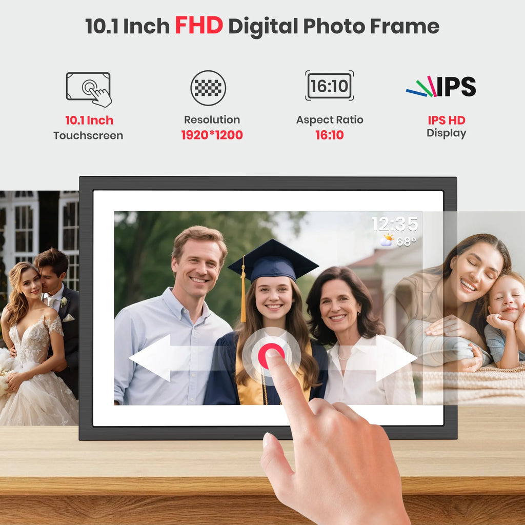 Frameo Wifi Digital Picture Frame, 10.1" Electronic Photo Frame with 1920X1200 FHD IPS Touchscreen, 64 GB Memory, Auto-Rotate, Send Photos and Videos from via Frameo App, Best Gift Choice!