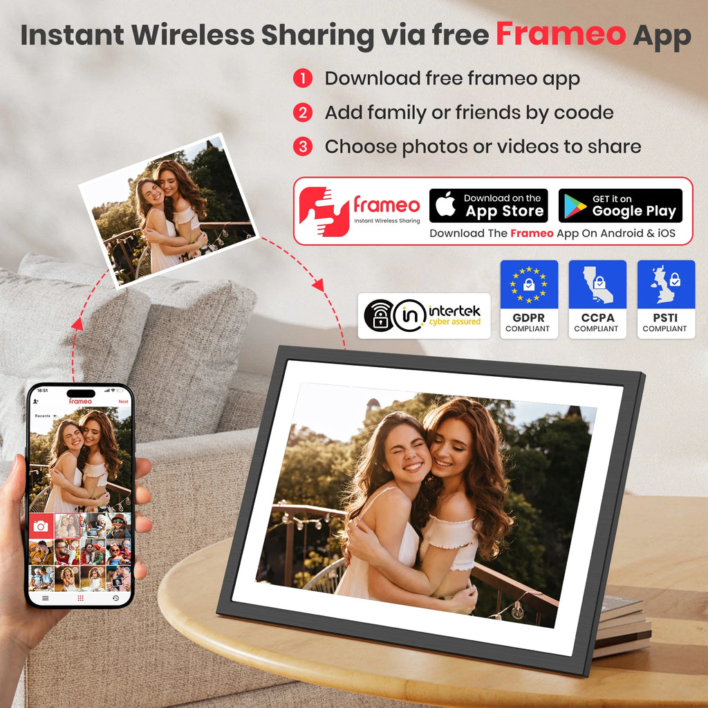 Frameo Wifi Digital Picture Frame, 10.1" Electronic Photo Frame with 1920X1200 FHD IPS Touchscreen, 64 GB Memory, Auto-Rotate, Send Photos and Videos from via Frameo App, Best Gift Choice!