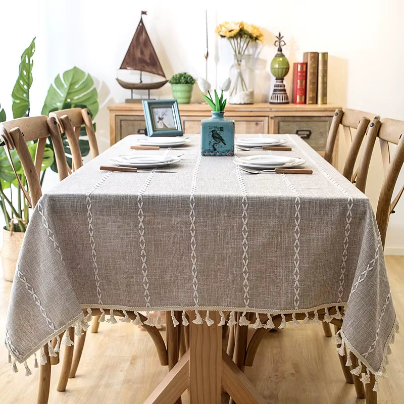 Cotton Linen Stripe Tassel Tablecloth Stain Resistant Dust-Proof Table Cover for Kitchen Dinning Tabletop Decoration Rectangular