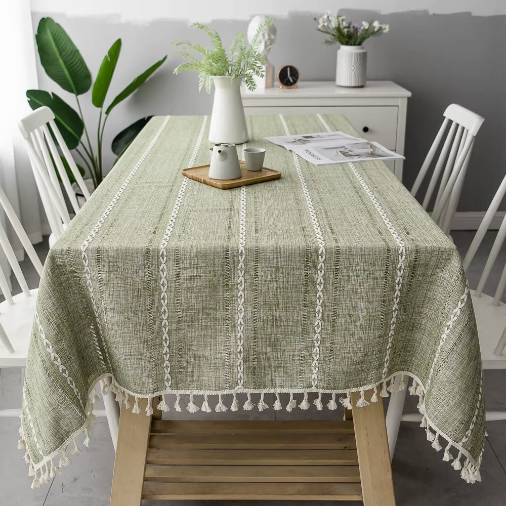 Cotton Linen Stripe Tassel Tablecloth Stain Resistant Dust-Proof Table Cover for Kitchen Dinning Tabletop Decoration Rectangular