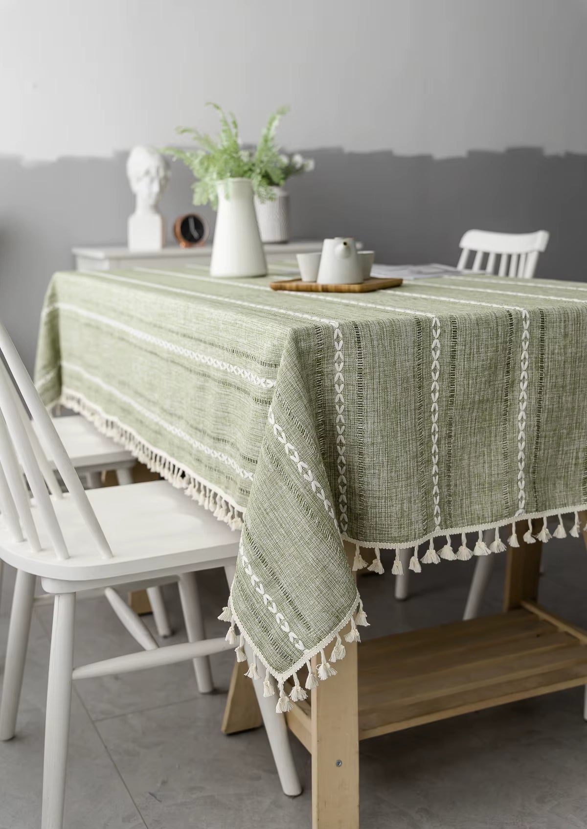 Cotton Linen Stripe Tassel Tablecloth Stain Resistant Dust-Proof Table Cover for Kitchen Dinning Tabletop Decoration Rectangular