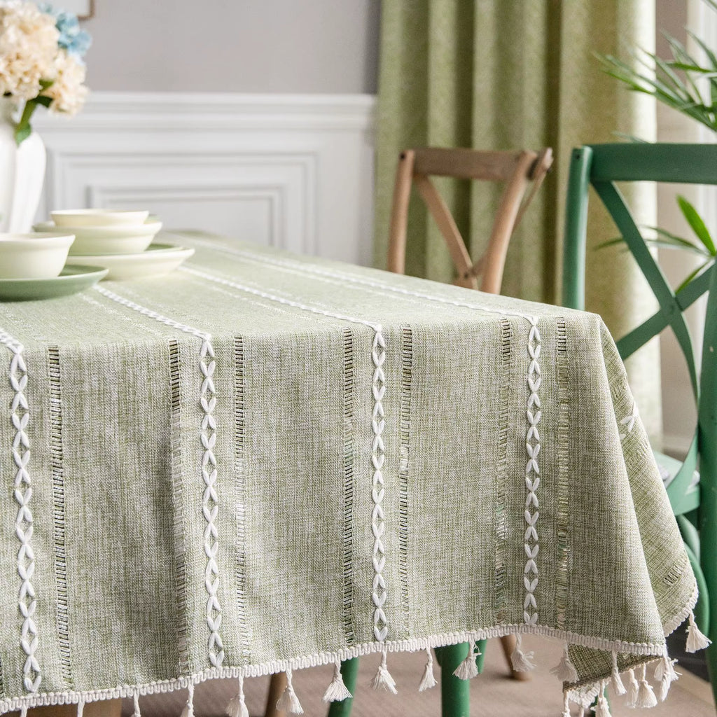 Cotton Linen Stripe Tassel Tablecloth Stain Resistant Dust-Proof Table Cover for Kitchen Dinning Tabletop Decoration Rectangular